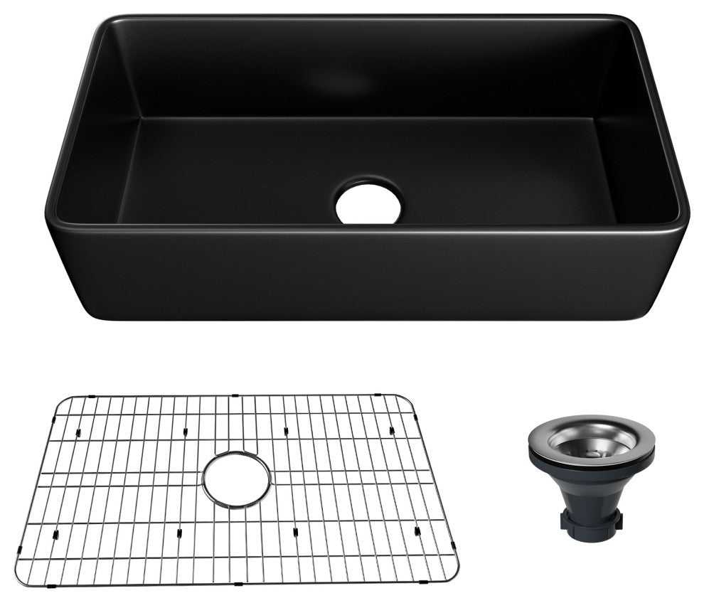 Fireclay 36inch Single Bowl Farmhouse Apron Kitchen Sink with Bottom Grid, 36