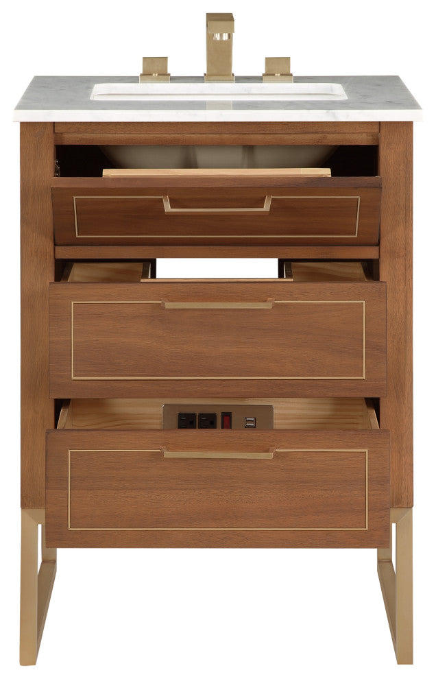 Markham 24" Single Bathroom Vanity Set, Walnut/Satin Brass, Marble Countertop