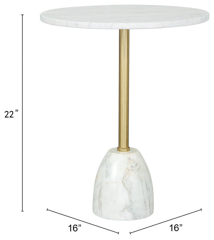Sofa Side Table, Round, Artificial Marble, Iron Metal, White, Gold, Hospitality