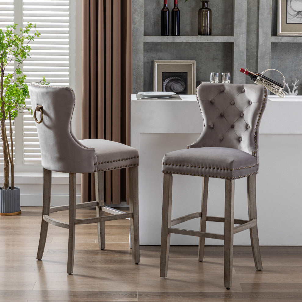 WestinTrends 2PC 29" Bar Height Wingback Velvet Bar Stool Set, Antique Gray, Velvet Gray