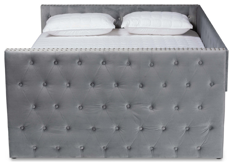 Elara Classic Velvet Daybed With Trundle, Queen Size, Gray