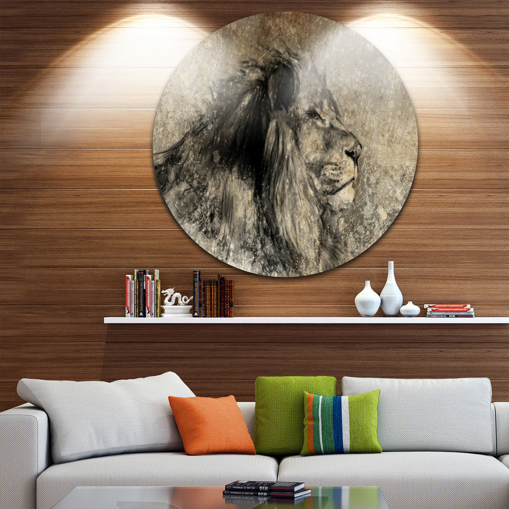 Lion In Sepia, Digital Art Animal Large Disc Metal Wall Art, 36"