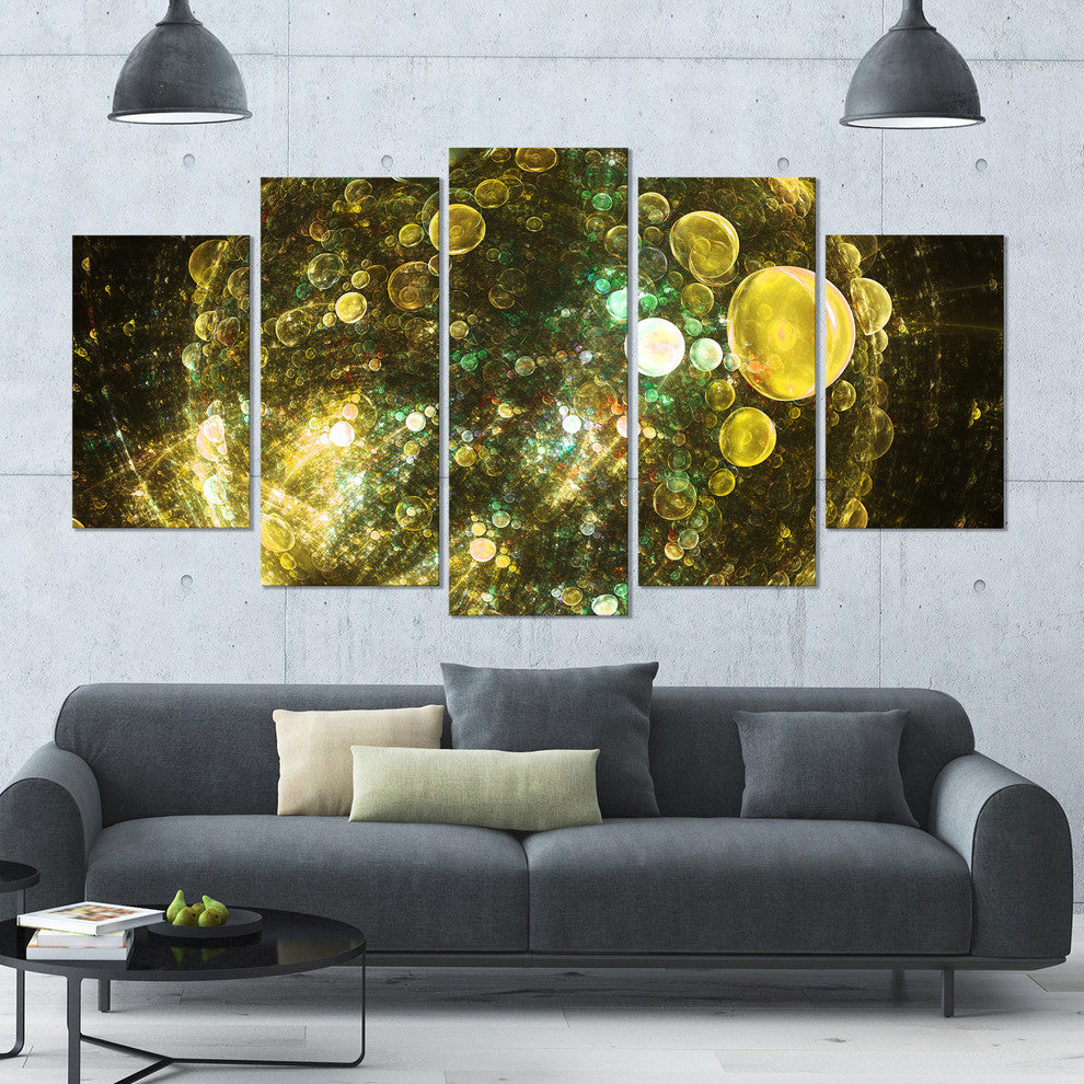 Yellow Spherical Planet Bubbles, Abstract Canvas Art Print, 60"x32", 5 Panels