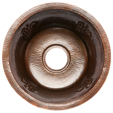 16" Round Copper Prep Sink With Grapes and 3.5" Drain Opening
