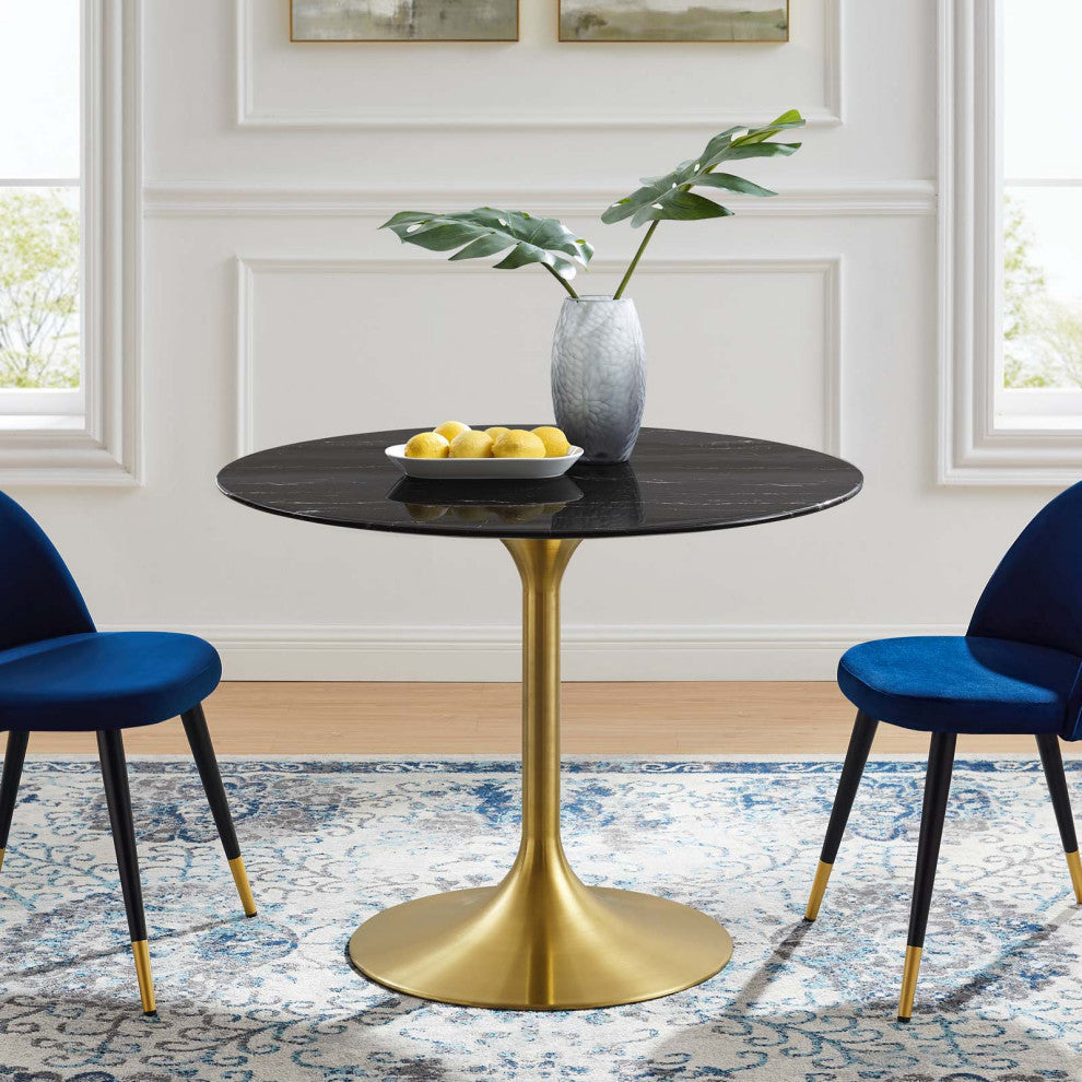 Dining Table, Round, Artificial Marble, Metal, Gold Black, Modern, Cafe Bistro