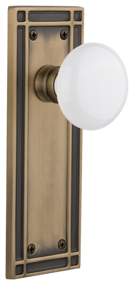 Mission Plate Passage White Porcelain Knob, Antique Brass