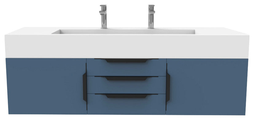 CastelloUSA Nile 60" Wall Mounted Vanity Set, Blue, White Top, Black Handles