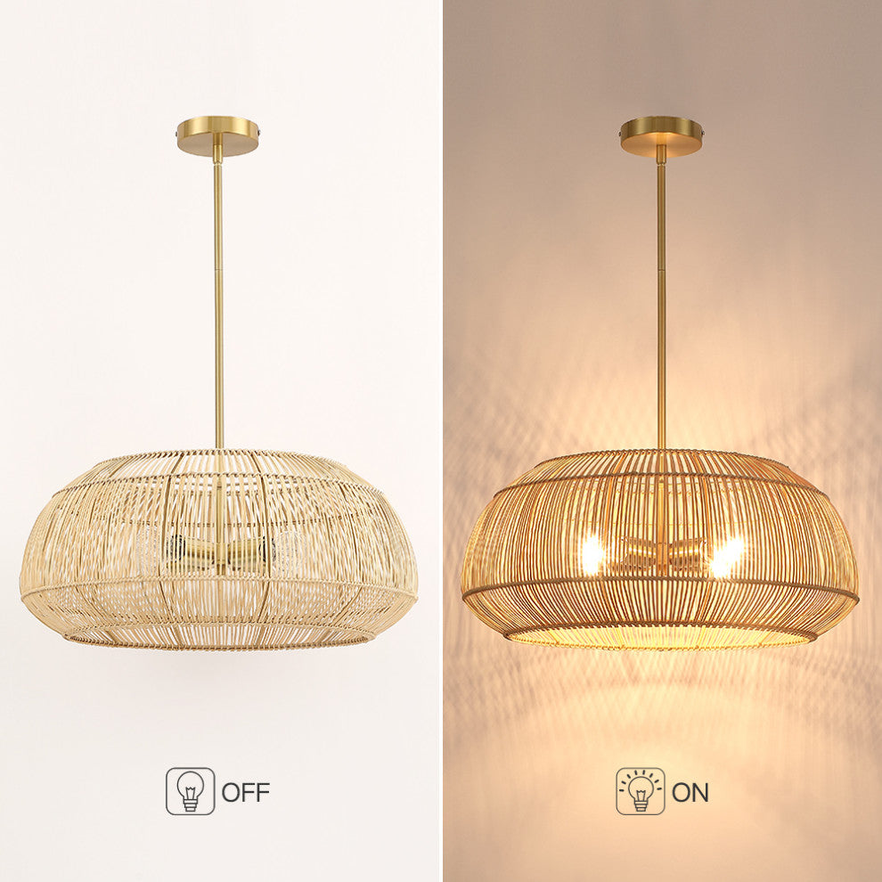 22" W 4 Light Rattan Pendant Chandelier With Brass Canopy