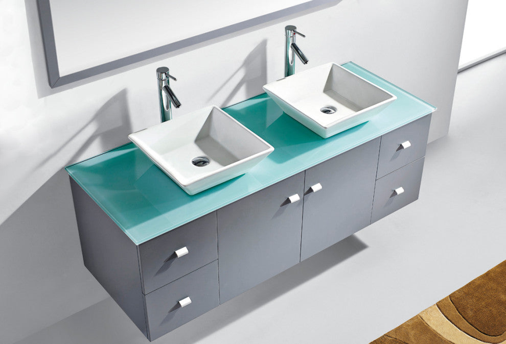 Clarissa 61" Double Bathroom Vanity Set, Gray, Aqua Tempered Glass Countertop, P