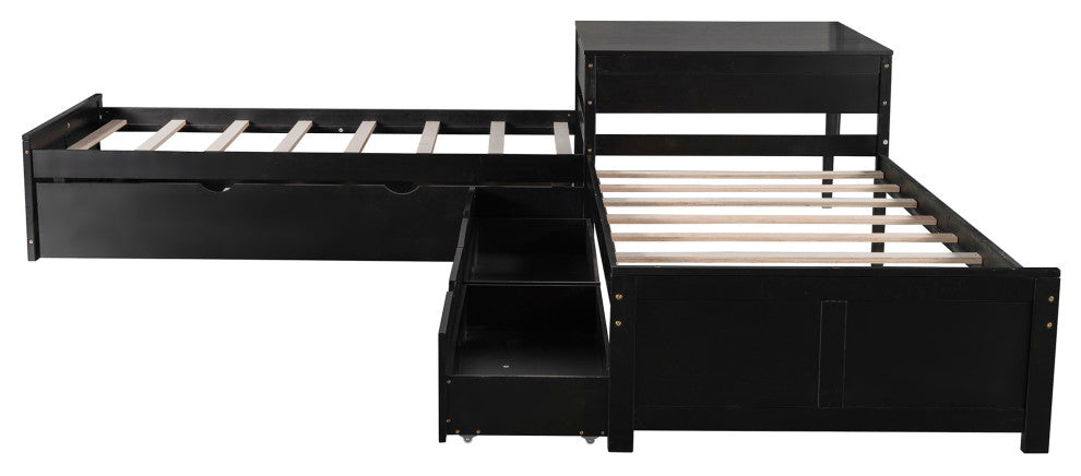 Twin Wood Frame Platform Bed with Trundle and Drawers Linked with built-in Desk,