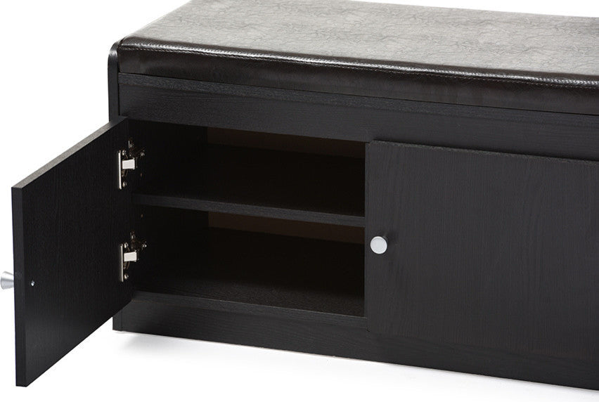 Margaret 2-Door Wood Shoe Cabinet With Faux Leather Seating Bench, Espresso