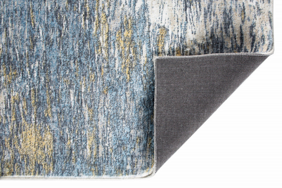 2"x7" Blue Gold Abstract Painting Modern Runner Rug