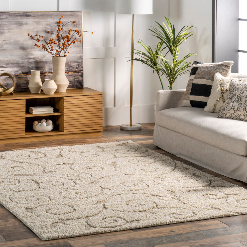 Nuloom Swirls Low-High Shag Area Rug, Cream 3'3"x5'