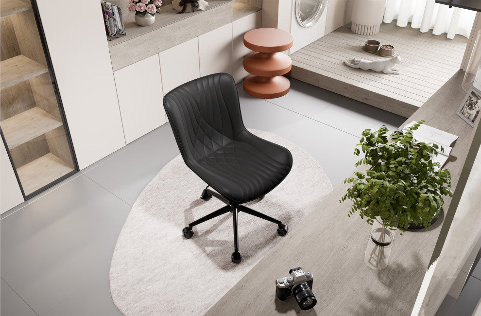 Younike Armless Upholstered Faux Leather Rolling Office Chair, Black