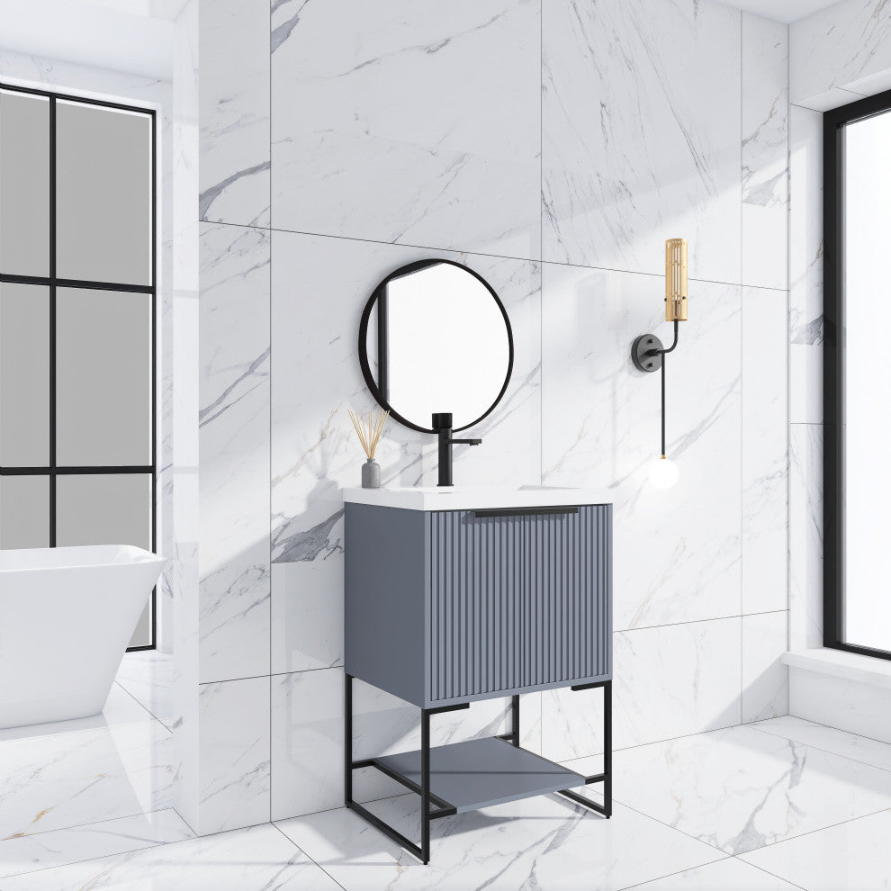 Plywood Freestanding Bathroom Vanity Set with White Ceramic Sink , Rock Grey, 24