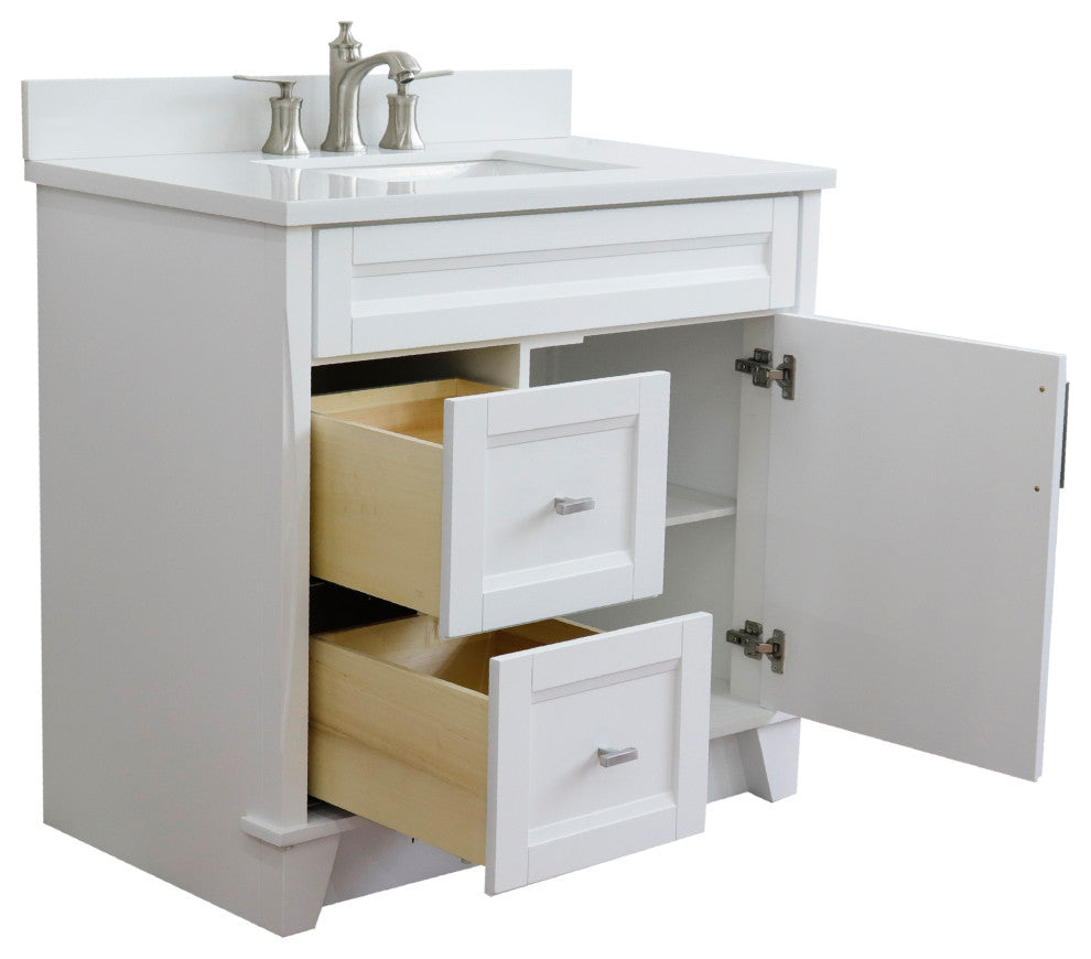 37" Single Sink Vanity, White Finish With White Engineered Stone Top