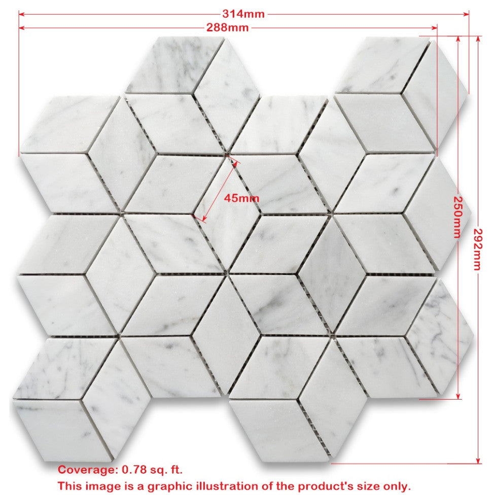 Calacatta Gold Marble Illusion 3D Cube Rhombus Diamond Hex Tile Polish, 1 sheet