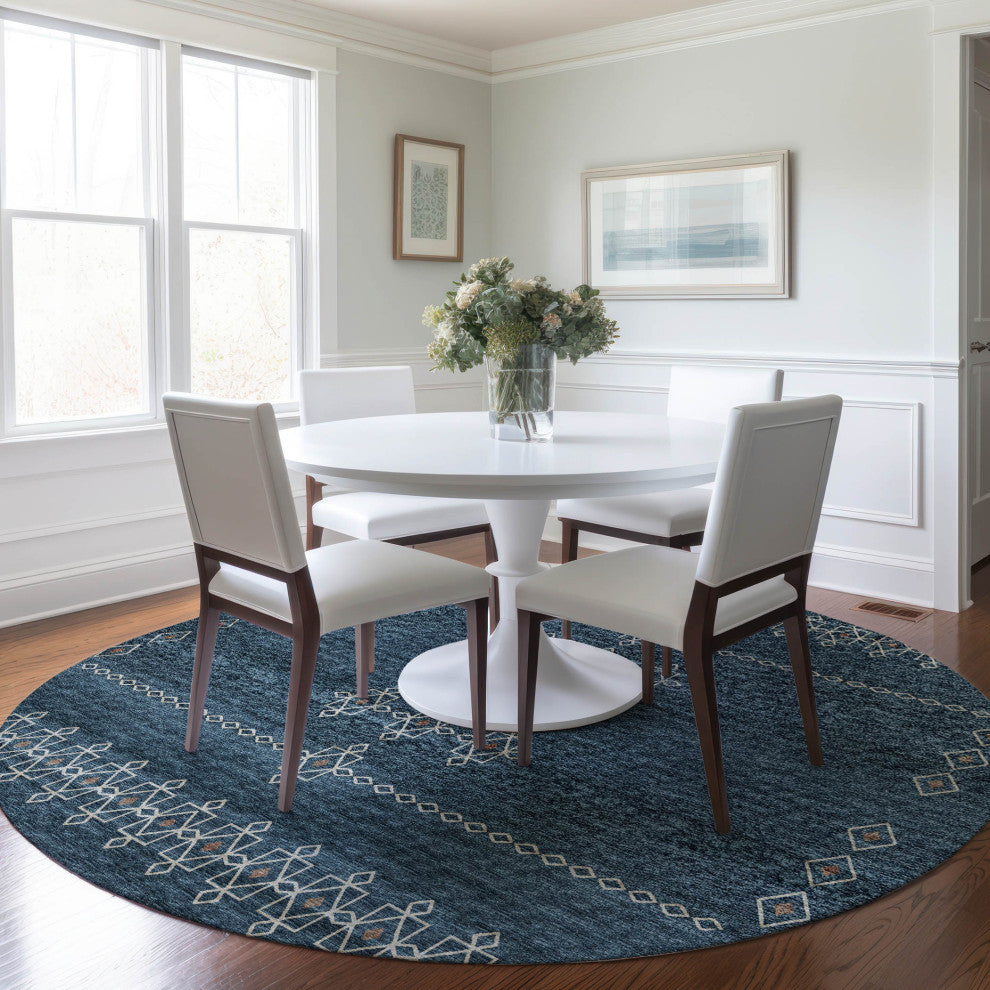 Addison Premium Washable Mayfield AMF109 Blue 8'' x 8'' Round Rug