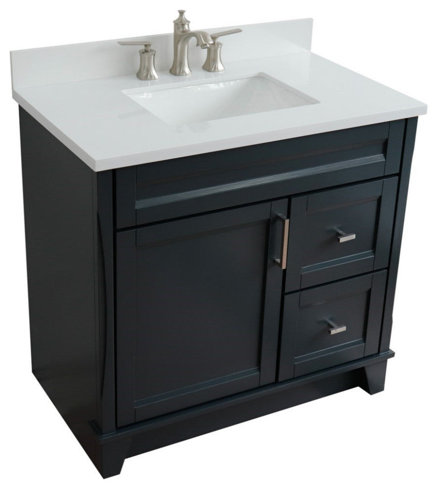 37" Single Sink Vanity, Dark Gray Finish With White Engineered Stone Top