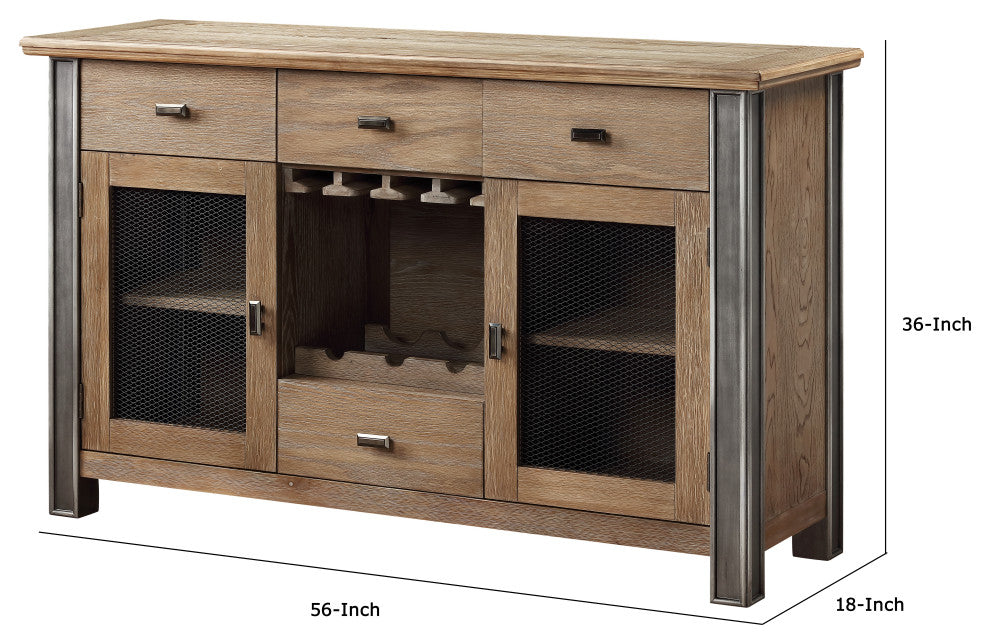 Benzara BM215015 Server With Mesh Metal Doors and Stemware Storage, Brown