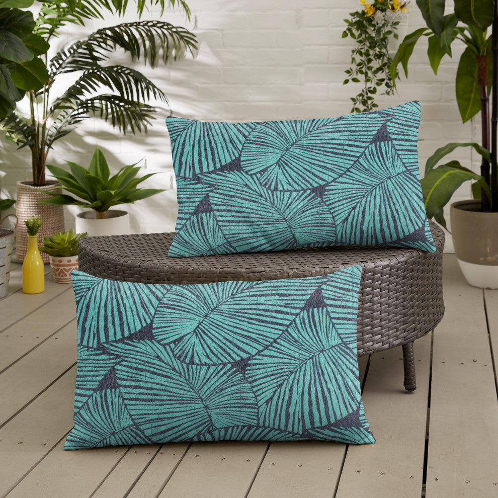 Blue Tropical Outdoor Pillows, Set of 2, 14x24