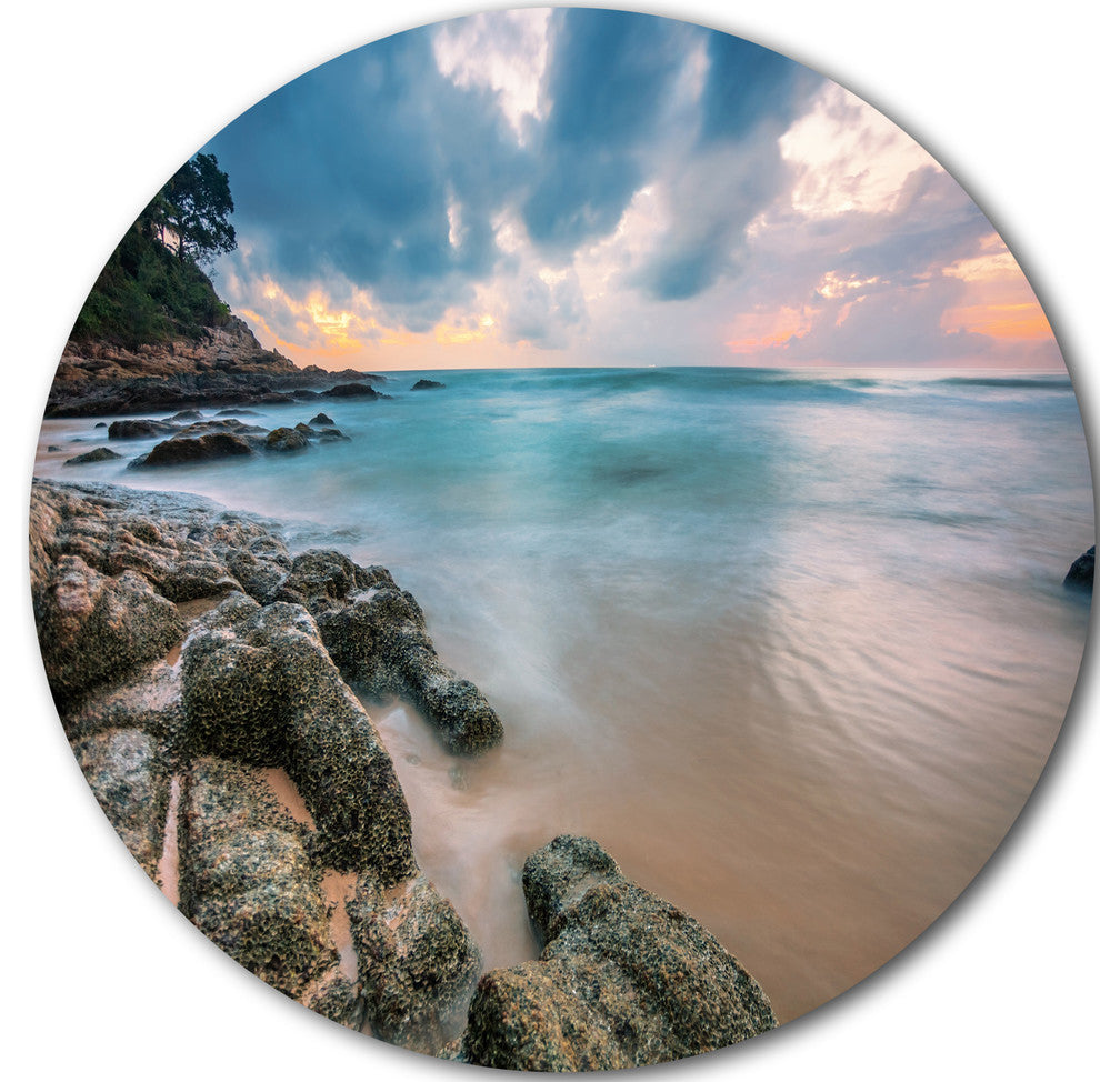 Gloomy Tropical Sunset Beach, Seascape Round Metal Wall Art, 11"
