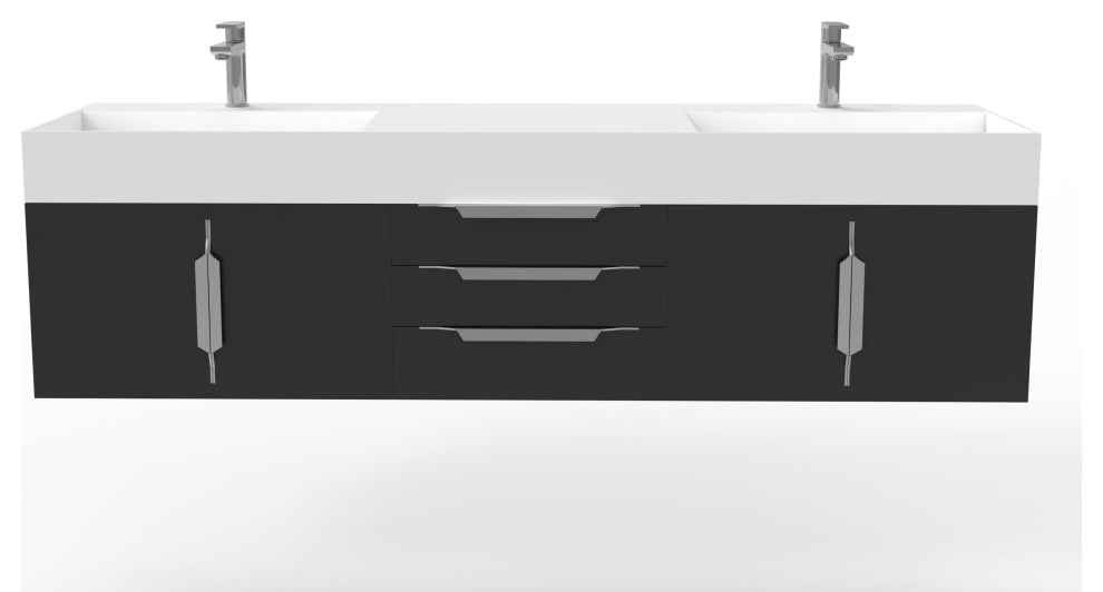 CastelloUSA Amazon 72" Wall Mounted Vanity Set, Black, White Top, Chrome Handles