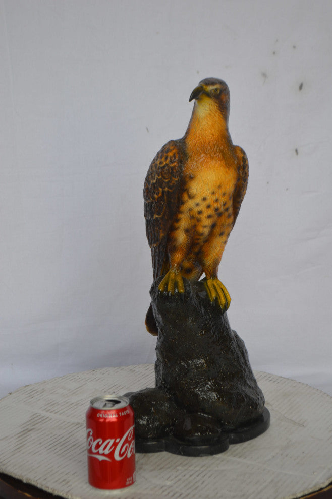 Hawk on a Rock bronze statue - Size: 12"L x 9"W x 22"H.
