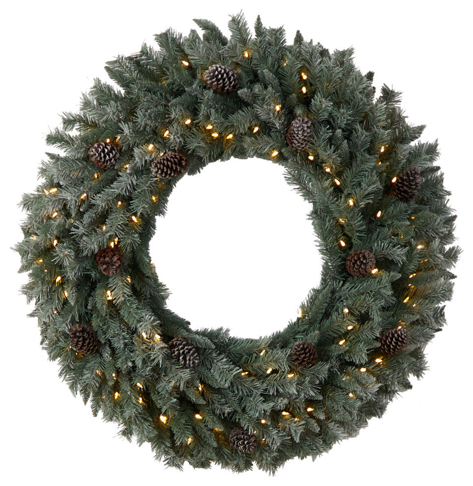 4' Large Flocked Faux Xmas Wreath W/Pinecones, Clear Lights & Bendable Branches