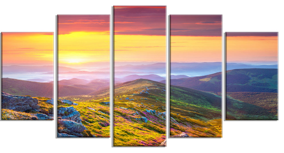 "Rhododendron Flowers in Colorful Hills" Landscape Photo Art, 5 Panels, 60"x32"