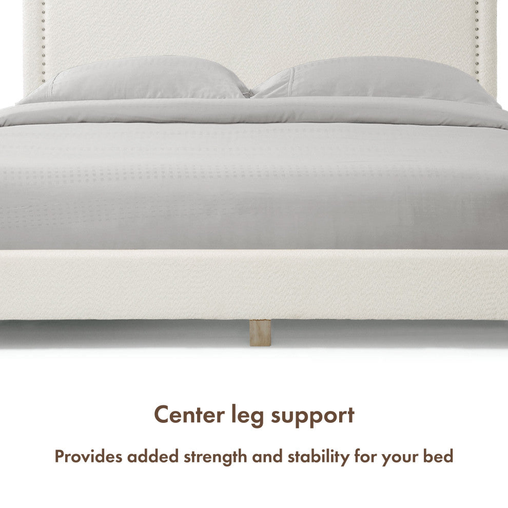 Miles White Boucle Upholstered Wood Frame Platform Bed, Queen, Naihead Trim