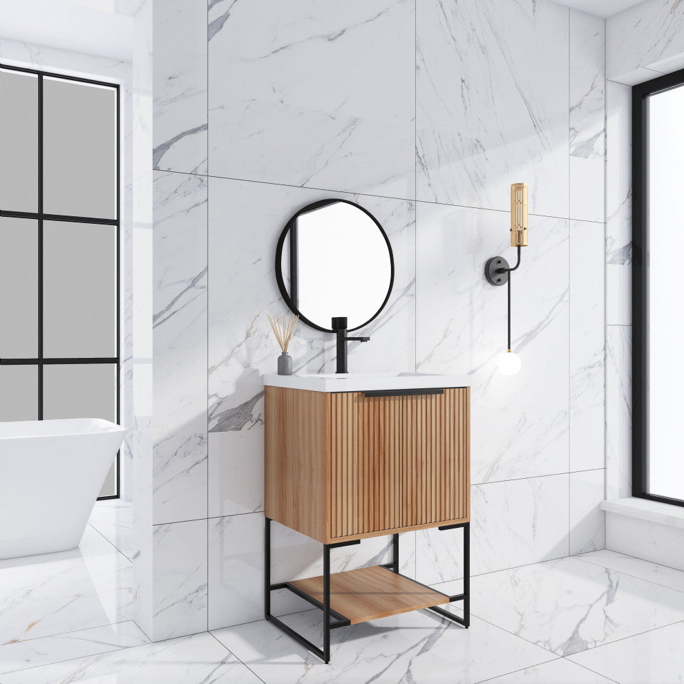 Plywood Freestanding Bathroom Vanity Set with White Ceramic Sink , Maple, 24