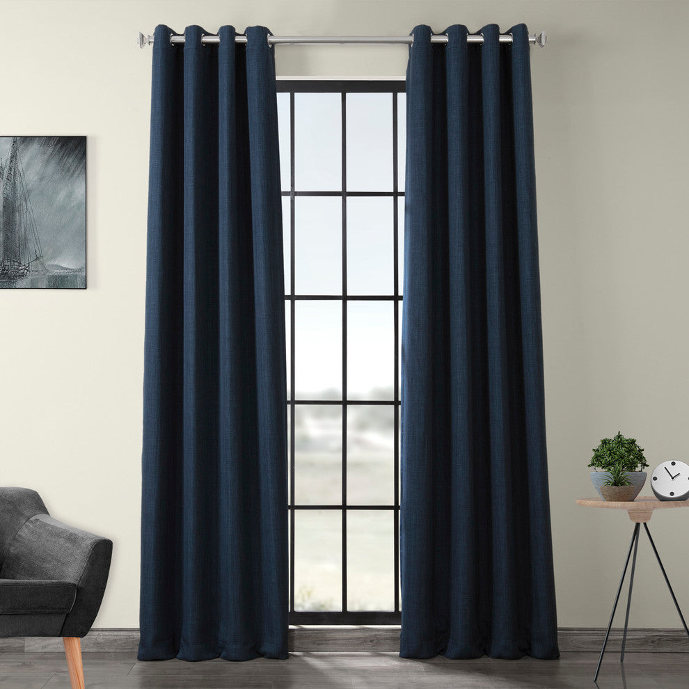 Faux Linen Grommet Room Darkening Curtain Single Panel, Indigo, 50"x96"