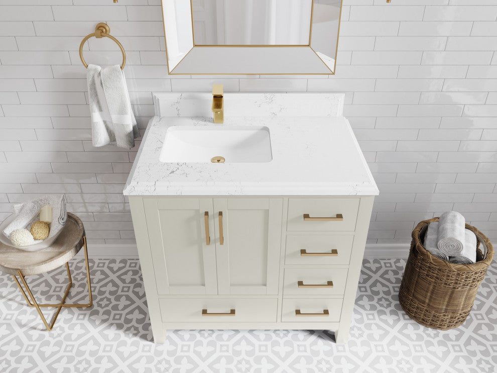 Malibu 36" Left Offset Bath Vanity in Fine Grain 1.5" Empira Quartz