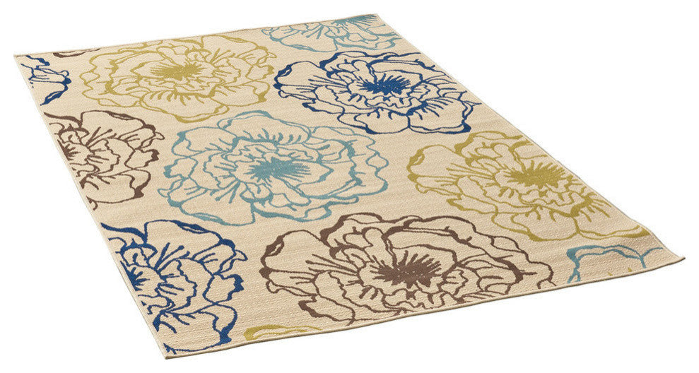GDF Studio Damaris Outdoor Floral 5'x8' Area Rug, Ivory and Multicolored