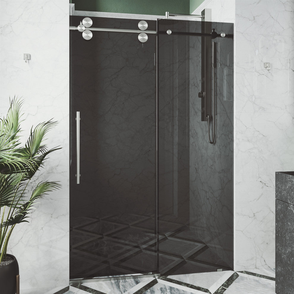 VIGO Elan 68" to 72" W x 74" H Frameless Sliding Shower Door, Stainless Steel, Black Tint Glass