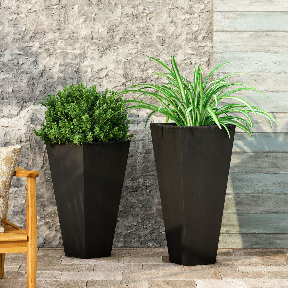 Ephraim Outdoor Medium and Small Cast Stone Planter Set, Matte Black