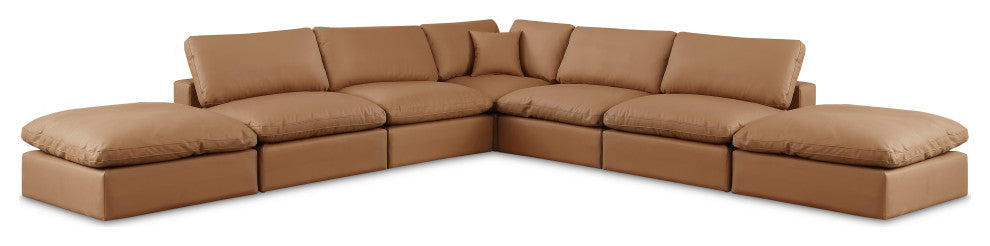Comfy Upholstered L-Shaped Modular Sectional, Cognac, 7-Piece: 4 Armless Chair, 1 Corner Chair, 2 Ottoman, Vegan Leather