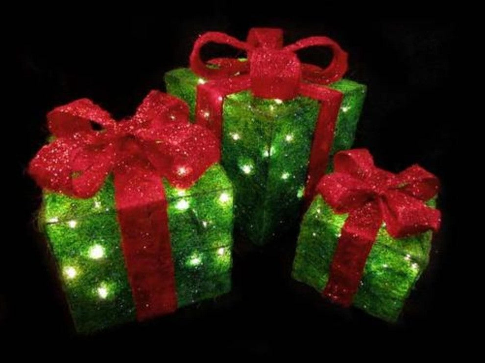 Lighted Sparkling Green Sisal Gift Boxes Outdoor Decorations, 3-Piece Set