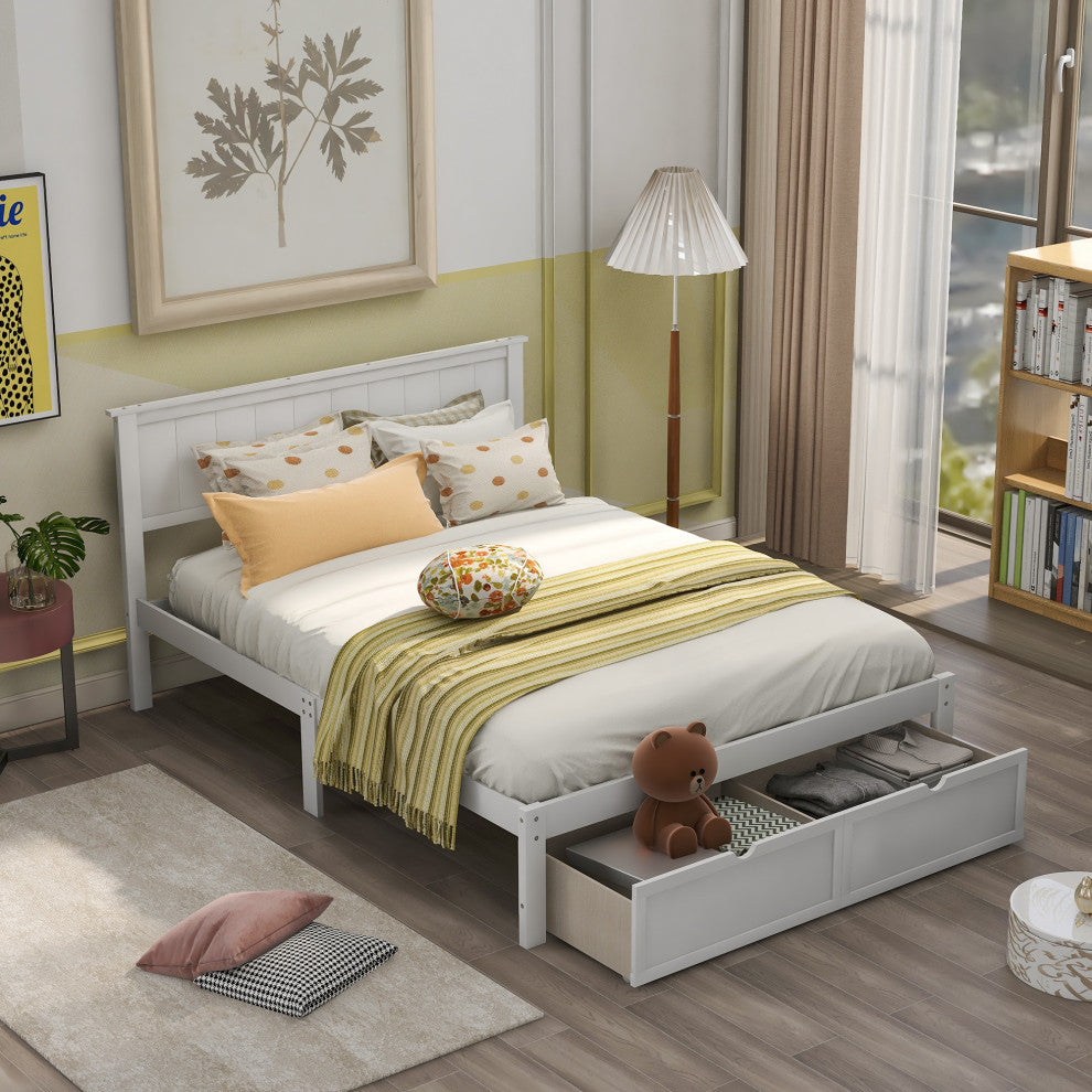 Gewnee Full Size Platform Bed with Under-bed Drawers, White