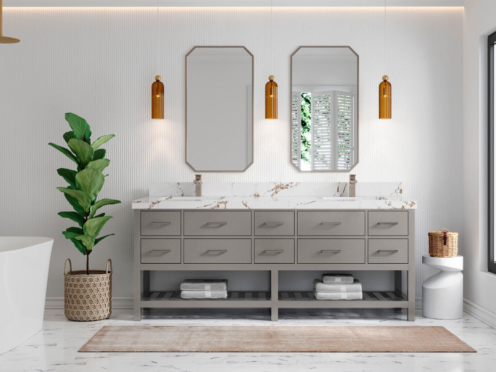 Parker 84" Double Sink Bath Vanity, Elephant Skin Gray 2" Viola Brown