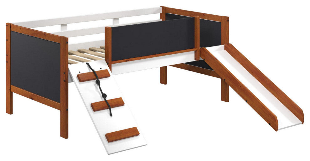 Benzara BM284033 Classic Wood Twin Loft Bed With Slide, Brown, White