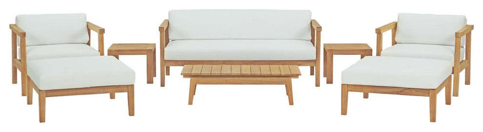 Sectional Sofa Chair Table Set, White Natural, Teak Wood, Modern, Outdoor Patio