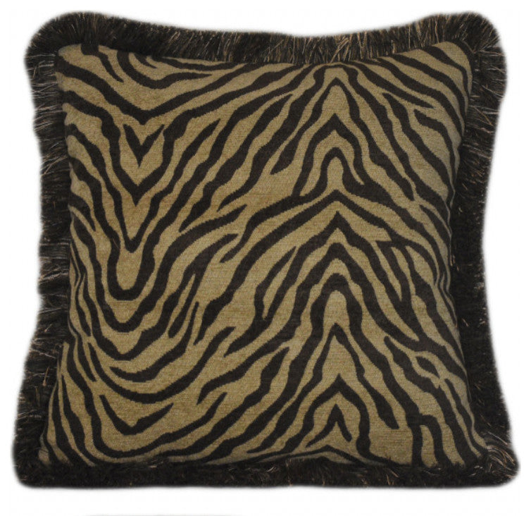 Brown And Gold Woven Chenille Fringed Zebra Throw Pillow, 26x26