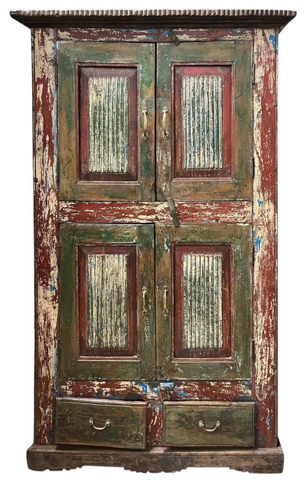 Consigned Antique Accent Cabinet Carved Distressed Green Red Armoire