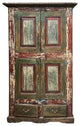 Consigned Antique Accent Cabinet Carved Distressed Green Red Armoire