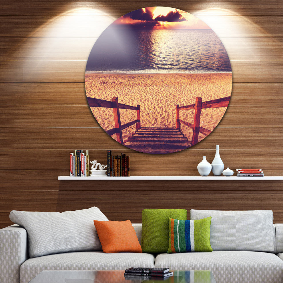 Wood Boardwalk In Beach At Evening, Sea Bridge Disc Metal Artwork, 23"