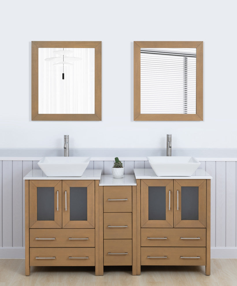 Vanity Art Bathroom Vanity Set With Sink, Natural Oak, 60", Standard Mirror