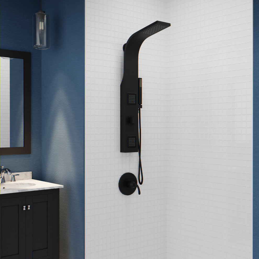 Aura 2-Jetted Shower Panel With Heavy Rain Shower and Spray Wand, Matte Black