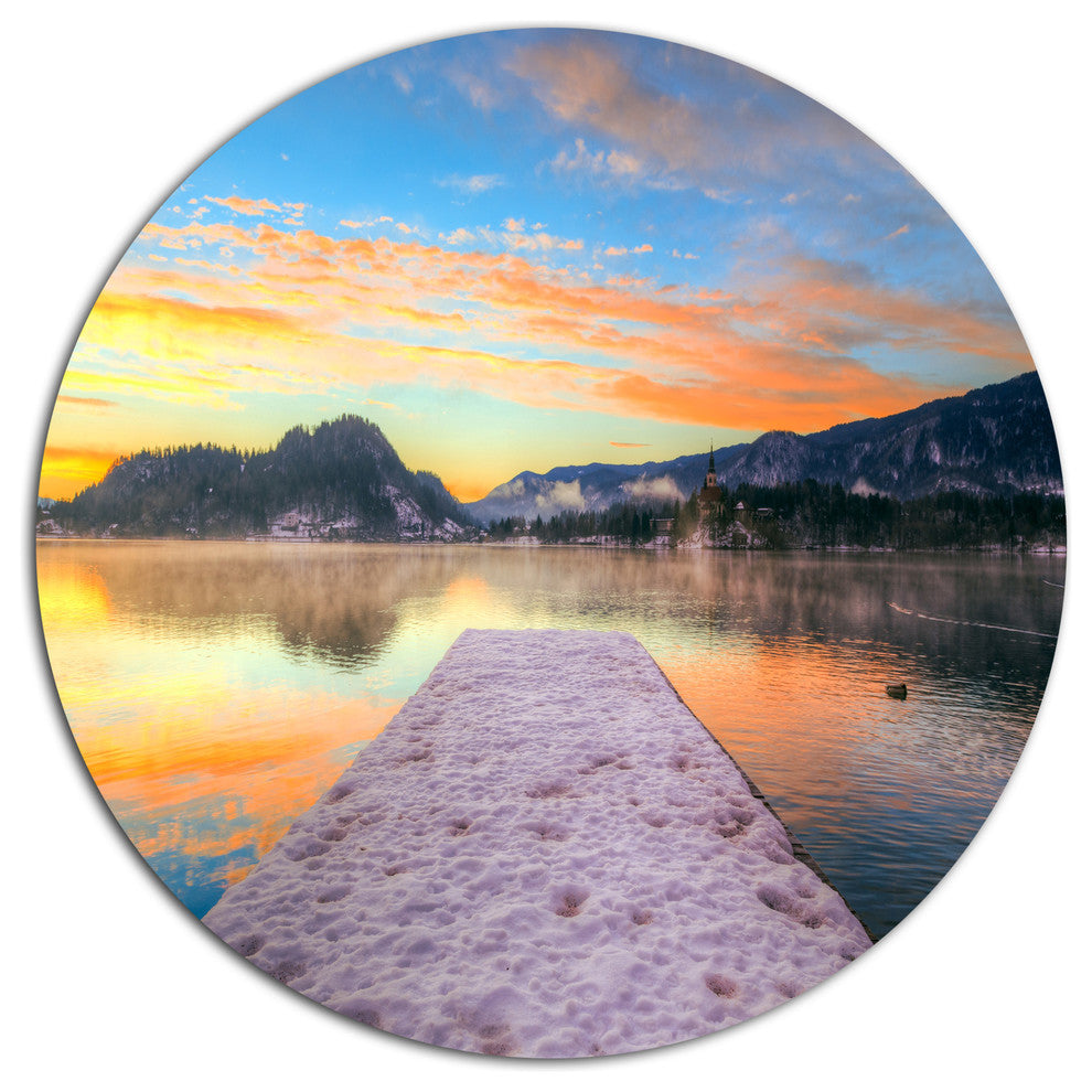 Bled With Lake In Winter Slovenia, Bridge Round Metal Wall Art, 23"